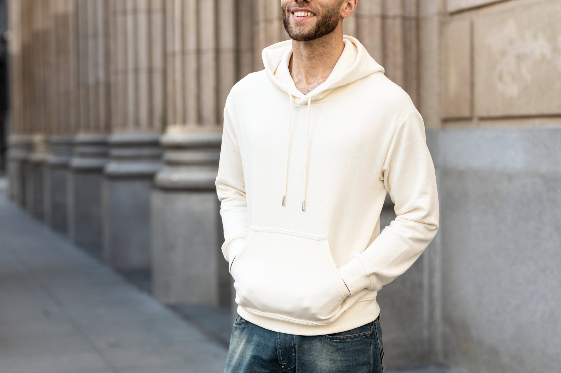 Man in white hoodie streetwear