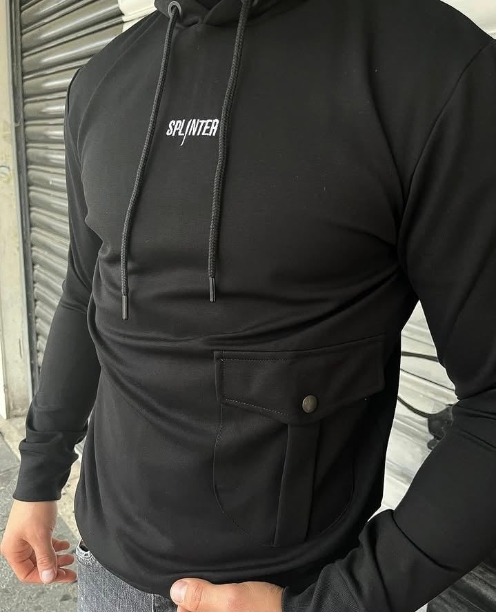 Person wearing black Splinter hoodie with drawstring and front pocket